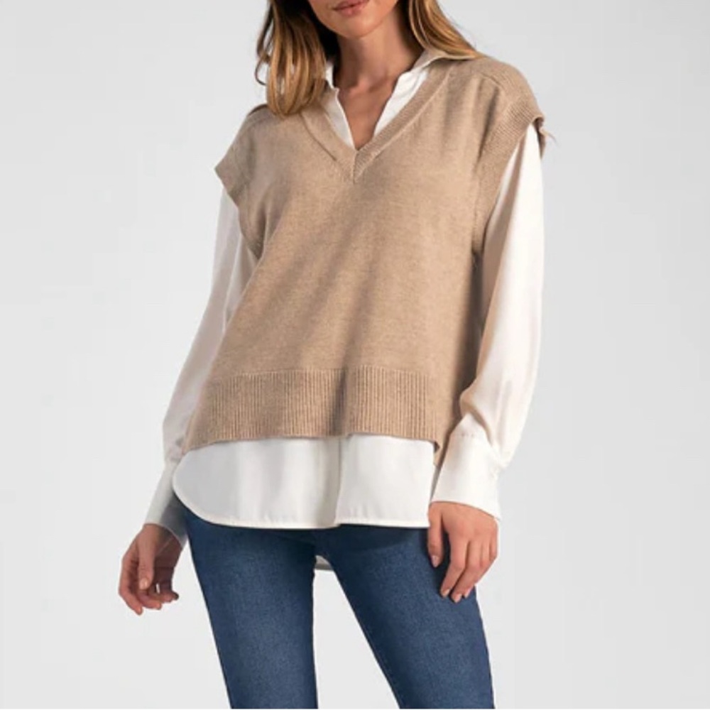 “Elan” Tan Sweater with White Layered Shirt